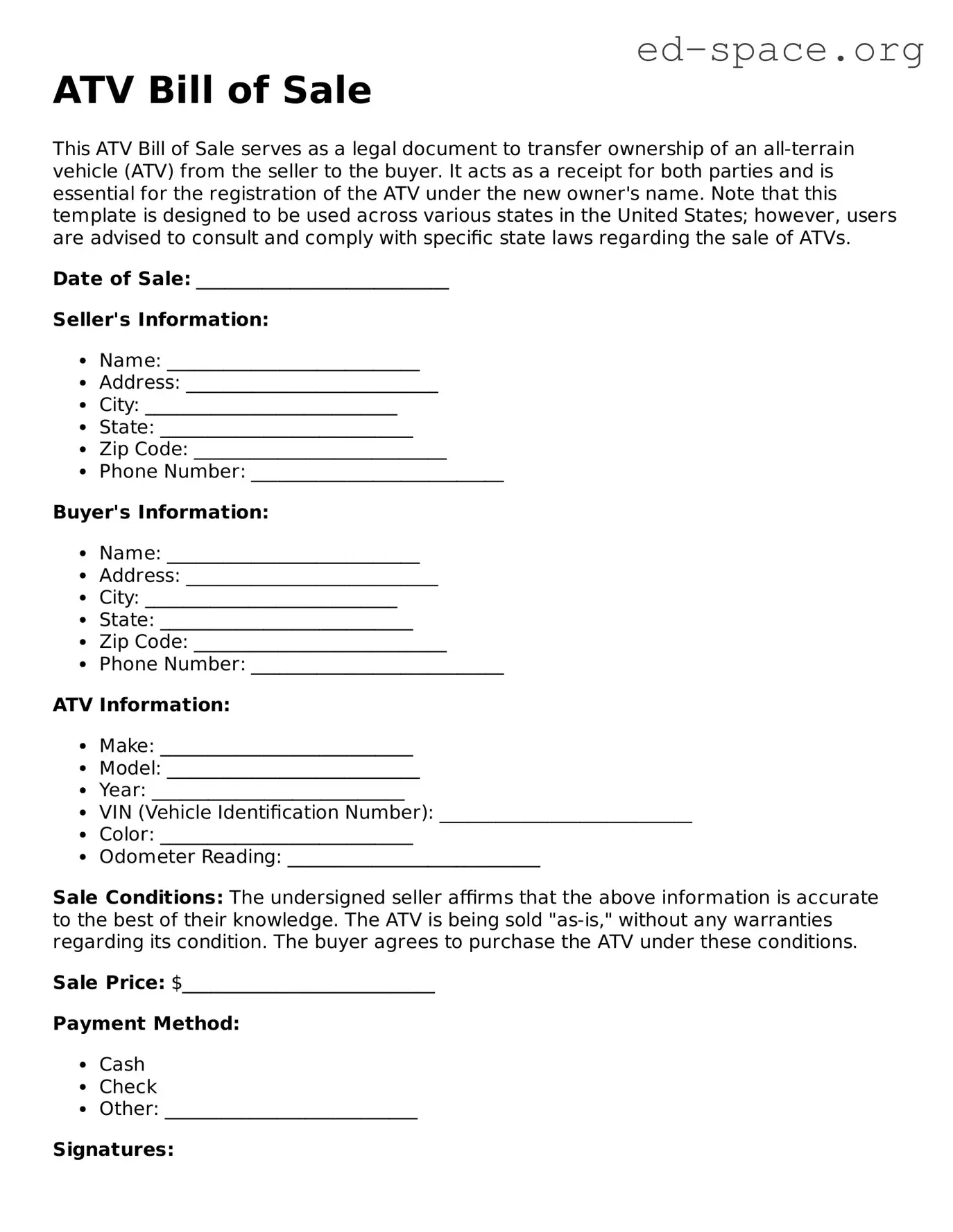 ATV Bill of Sale Template Simple PDF Form ATV Bill of Sale Template Simple PDF Form