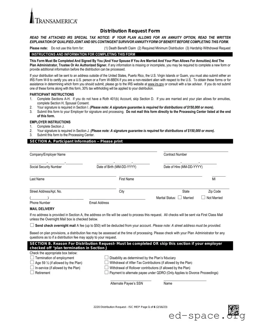 Blank Transamerica 401K Withdrawal PDF Form