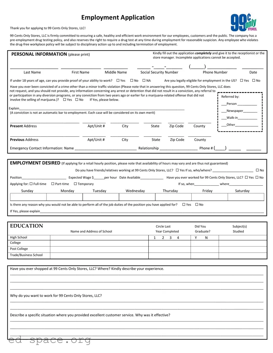 Blank 99 Cent Job Application PDF Form