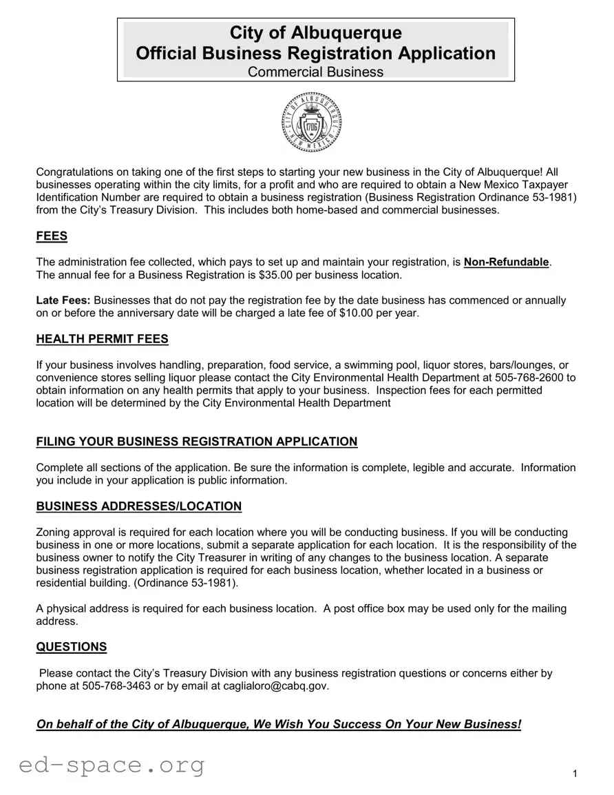 Blank Business Registration Albuquerque PDF Form