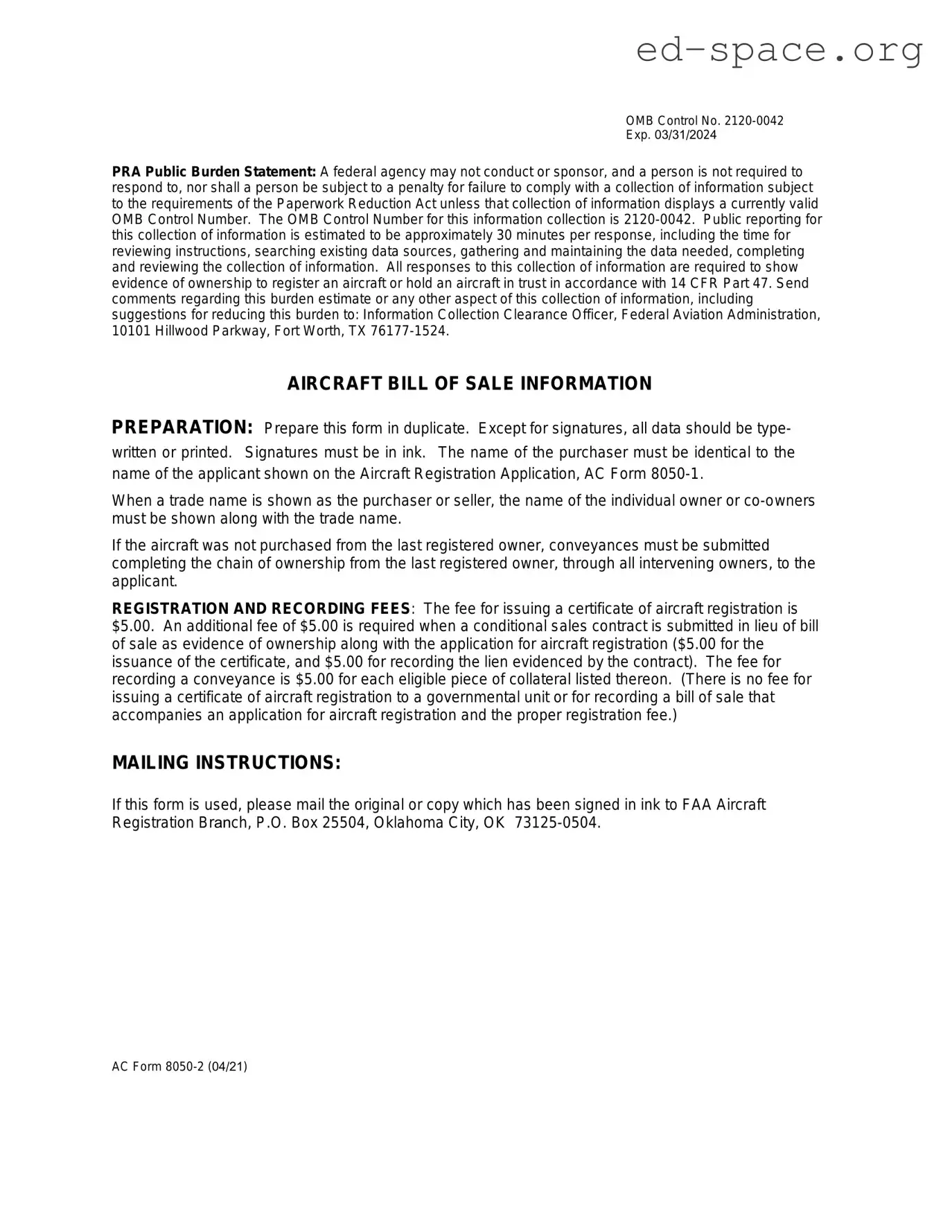Blank Aircraft Bill of Sale AC 8050-2 PDF Form