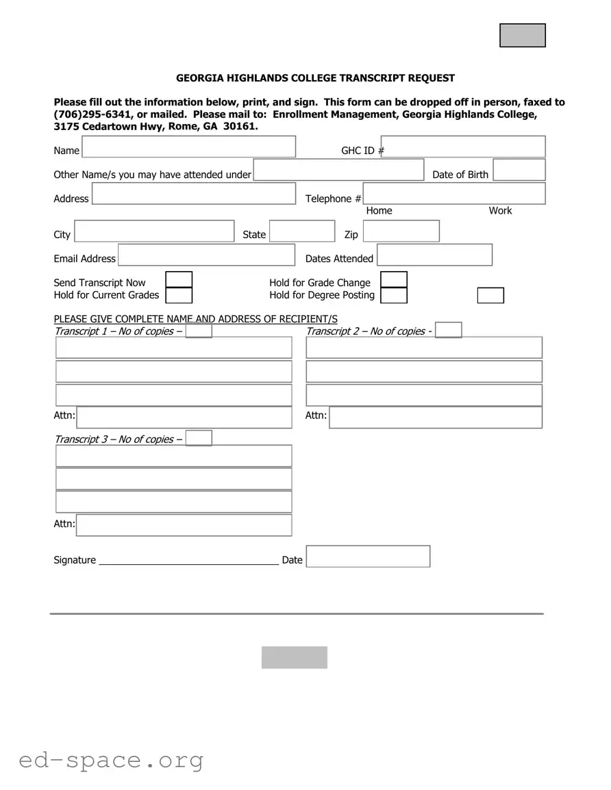Blank Georgia College Transcript Request PDF Form