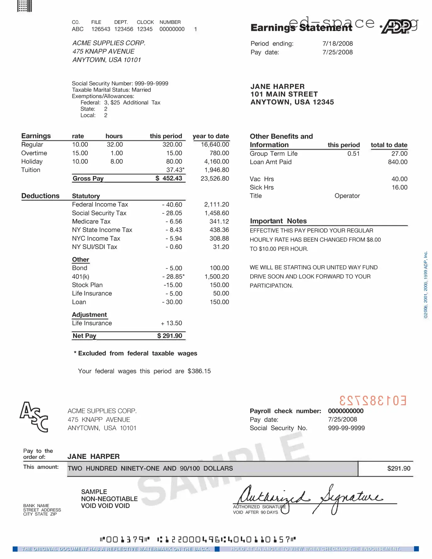 Blank Adp Pay Stub PDF Form