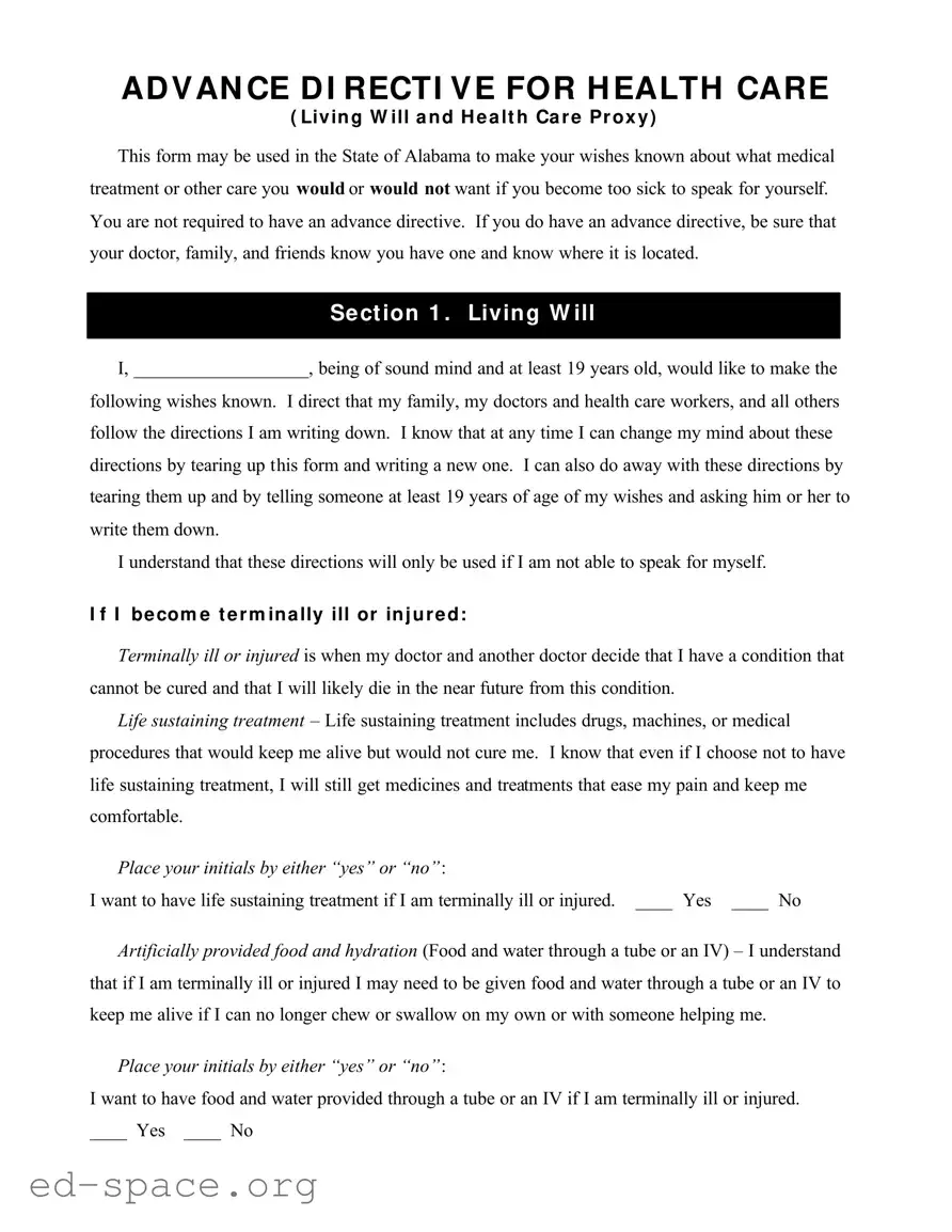 Blank Alabama Directive Health Care PDF Form