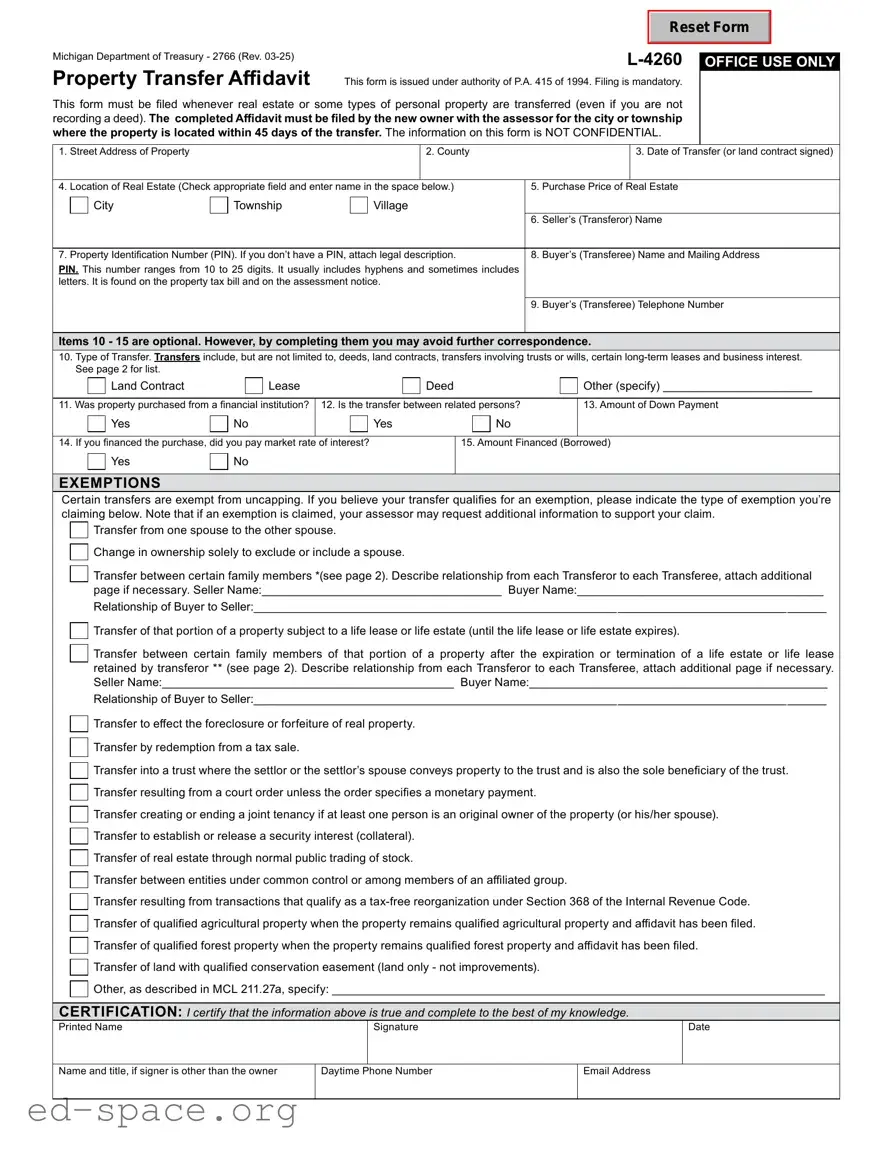 Blank Michigan Property Transfer Affidavit 2766 PDF Form
