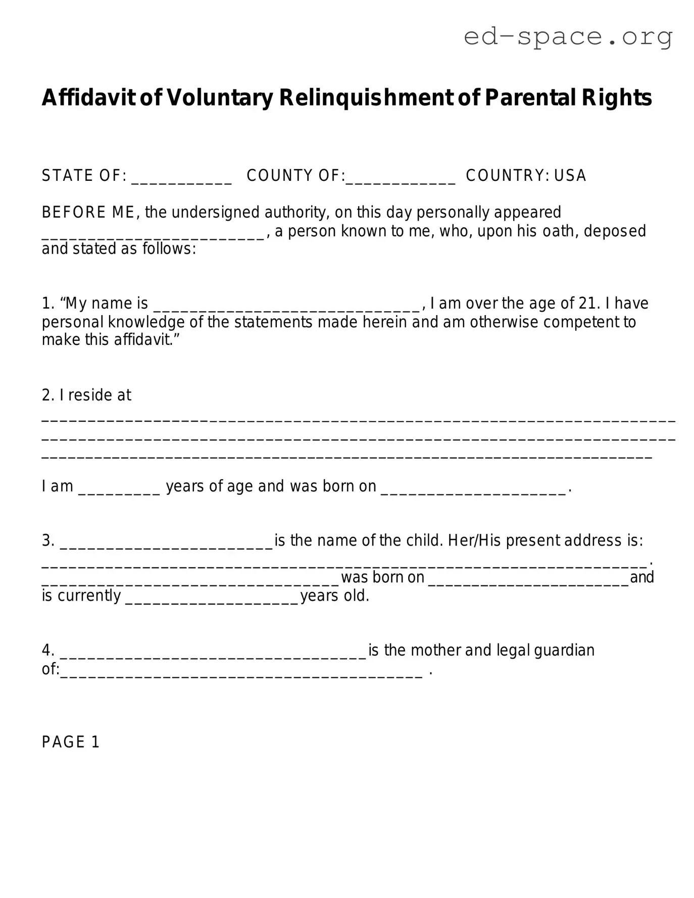 Blank Affidavit Parental Rights PDF Form