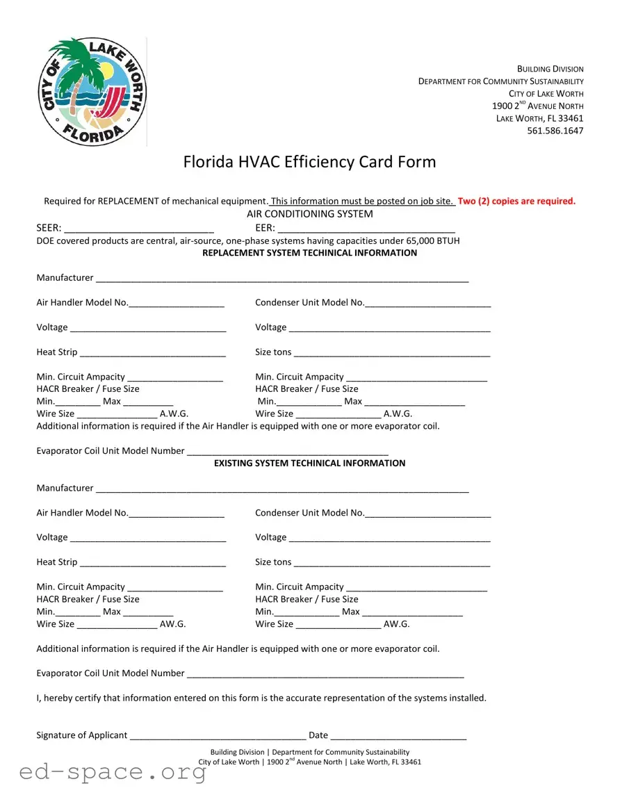 Blank Florida Hvac Efficiency Card PDF Form