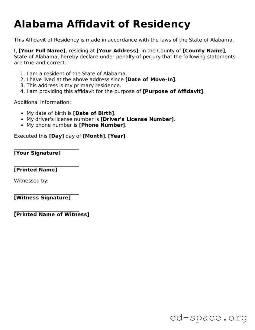 Free  Affidavit of Residency Form for Alabama