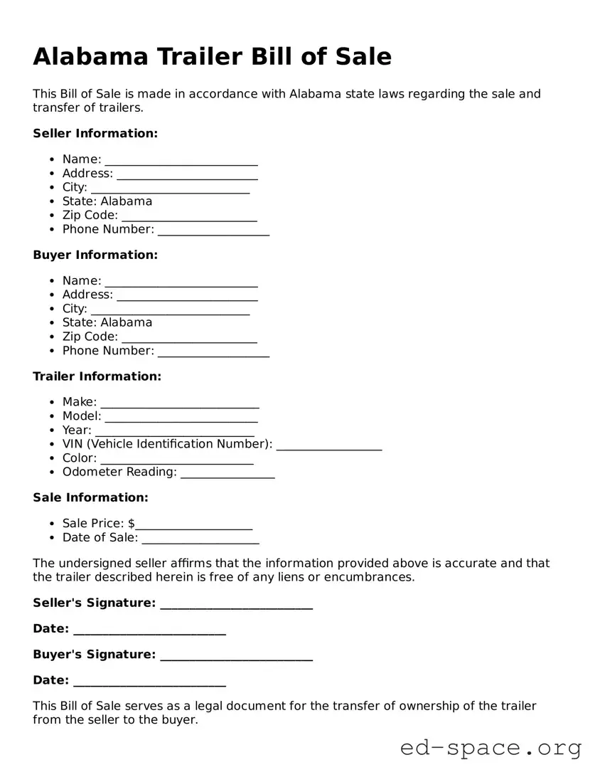 Free  Trailer Bill of Sale Form for Alabama