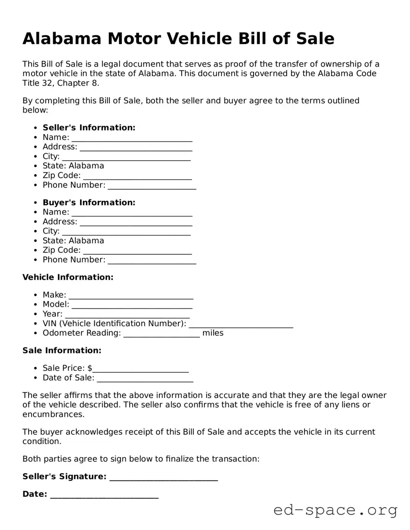 Free  Motor Vehicle Bill of Sale Form for Alabama