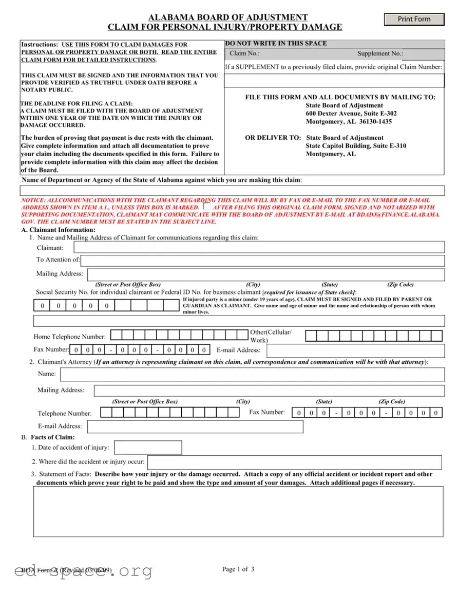 Blank Alabama Boa A PDF Form