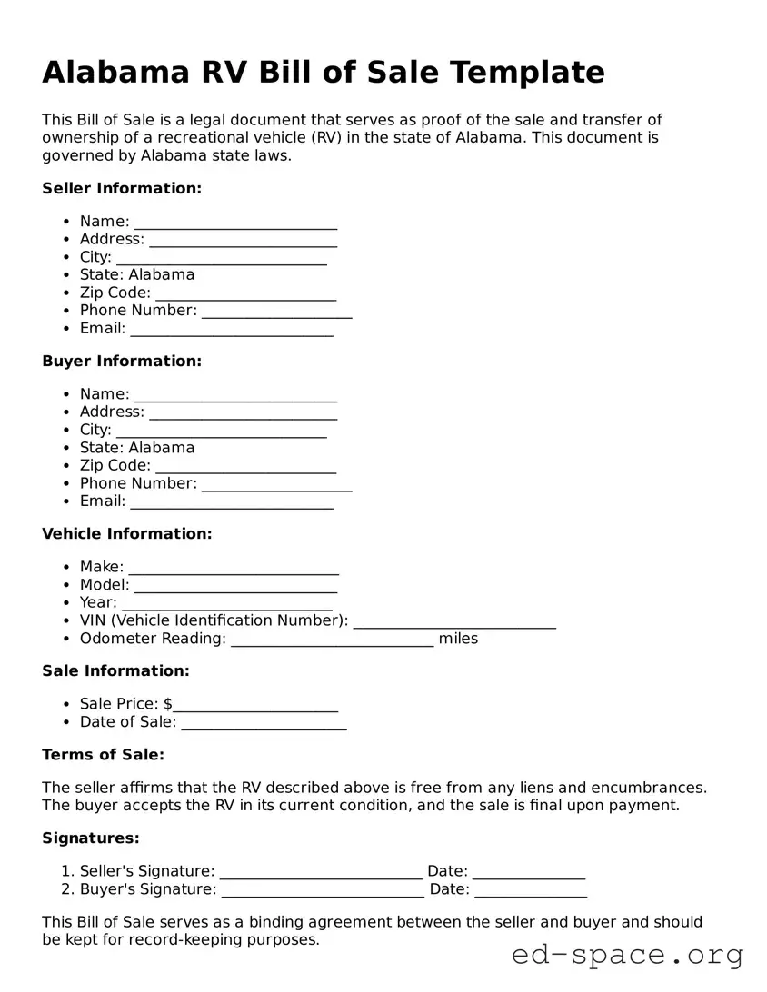 Free  RV Bill of Sale Form for Alabama