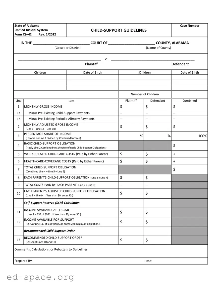 Blank Alabama Child Support Sheet PDF Form