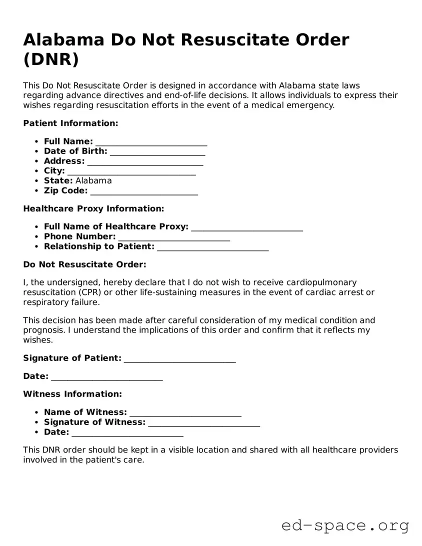 Free  Do Not Resuscitate Order Form for Alabama
