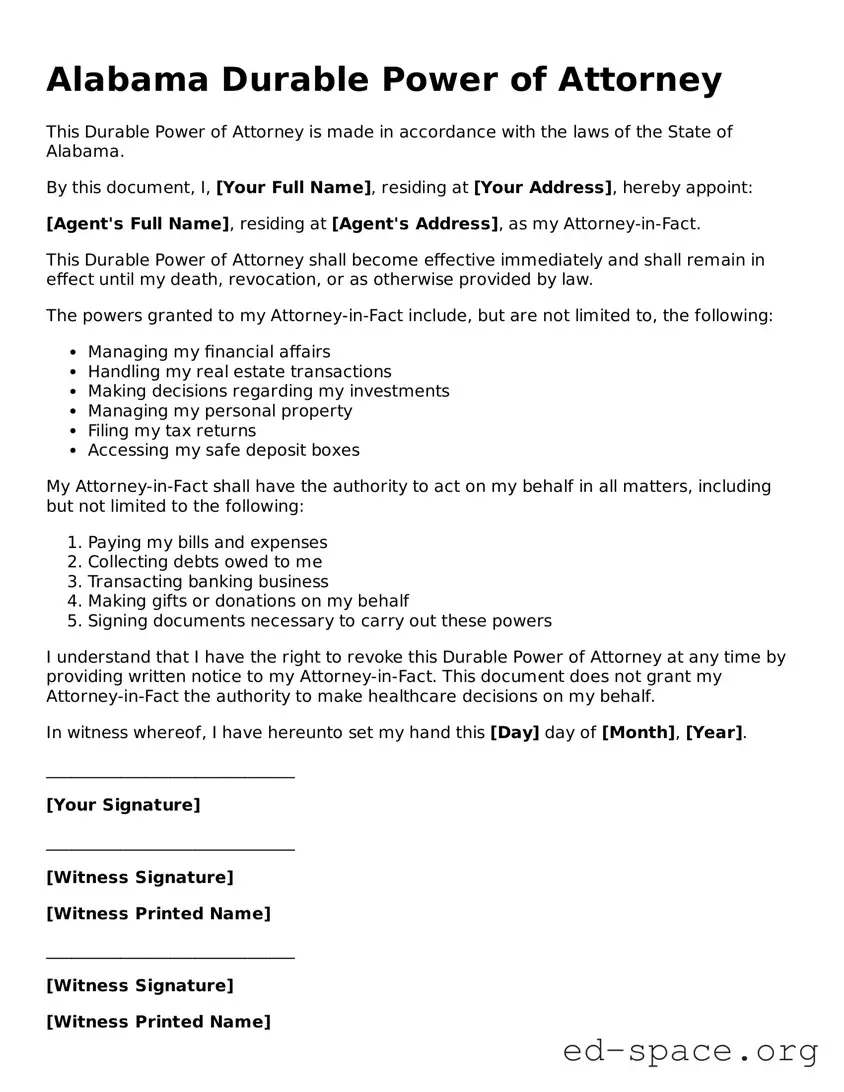 Free  Durable Power of Attorney Form for Alabama