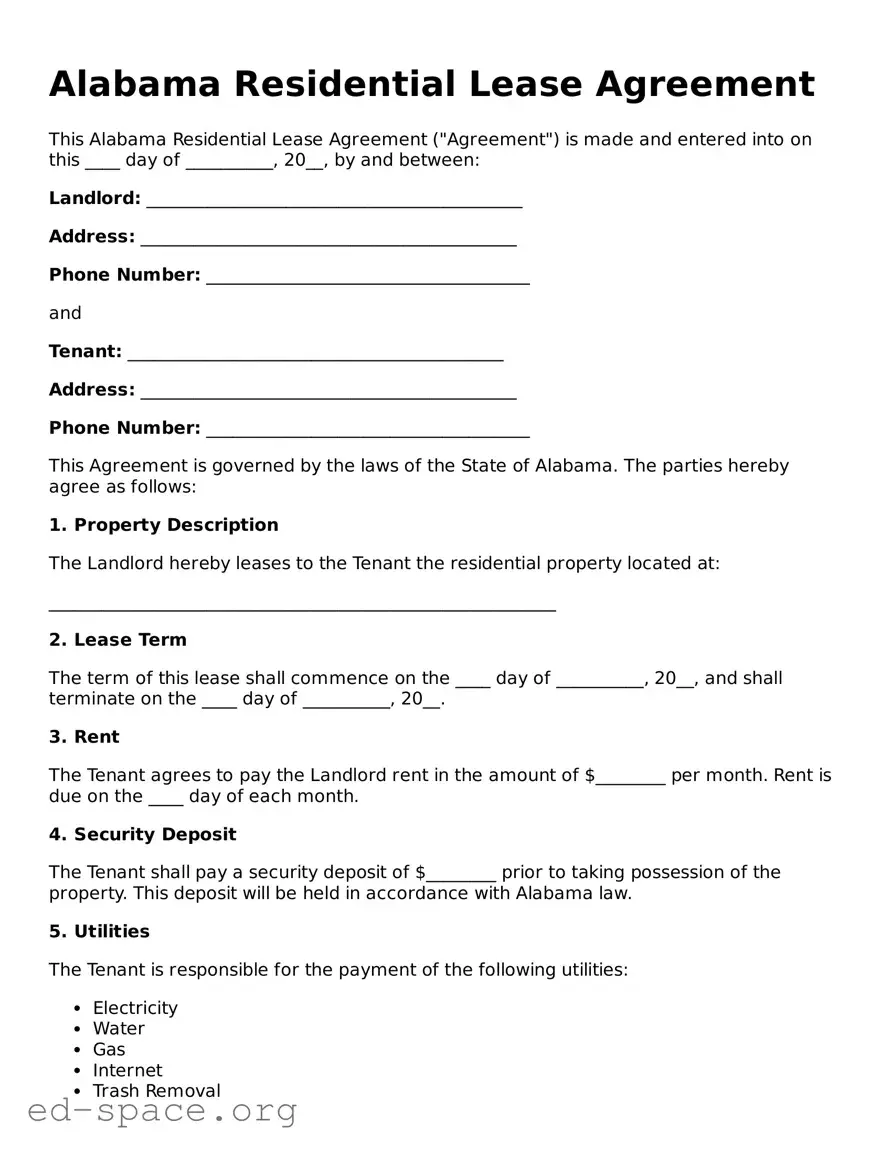 Free  Residential Lease Agreement Form for Alabama