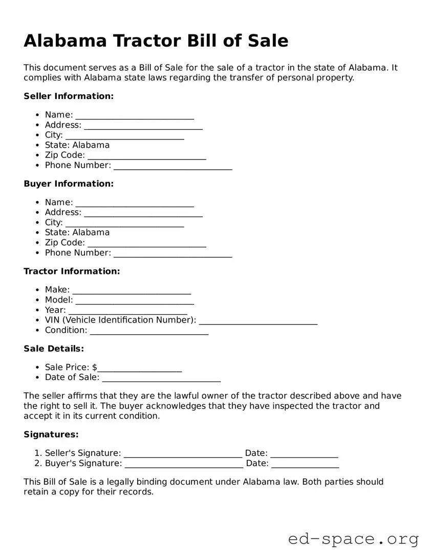 Free  Tractor Bill of Sale Form for Alabama