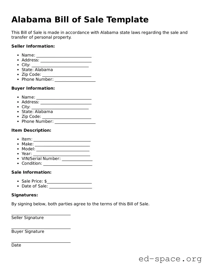 Free  Bill of Sale Form for Alabama