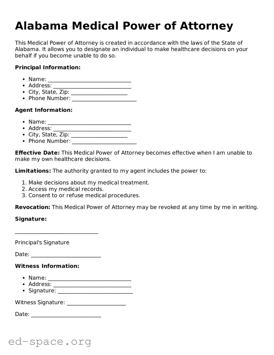 Free  Medical Power of Attorney Form for Alabama