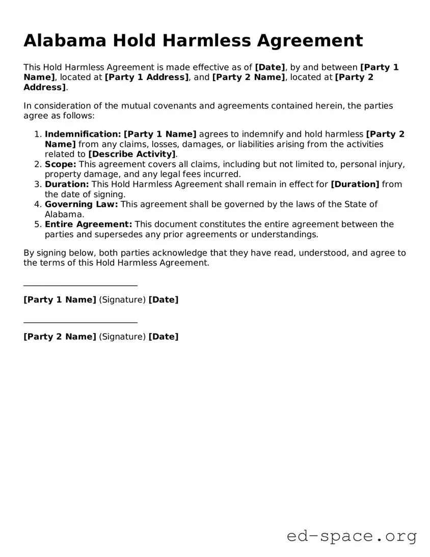 Free  Hold Harmless Agreement Form for Alabama
