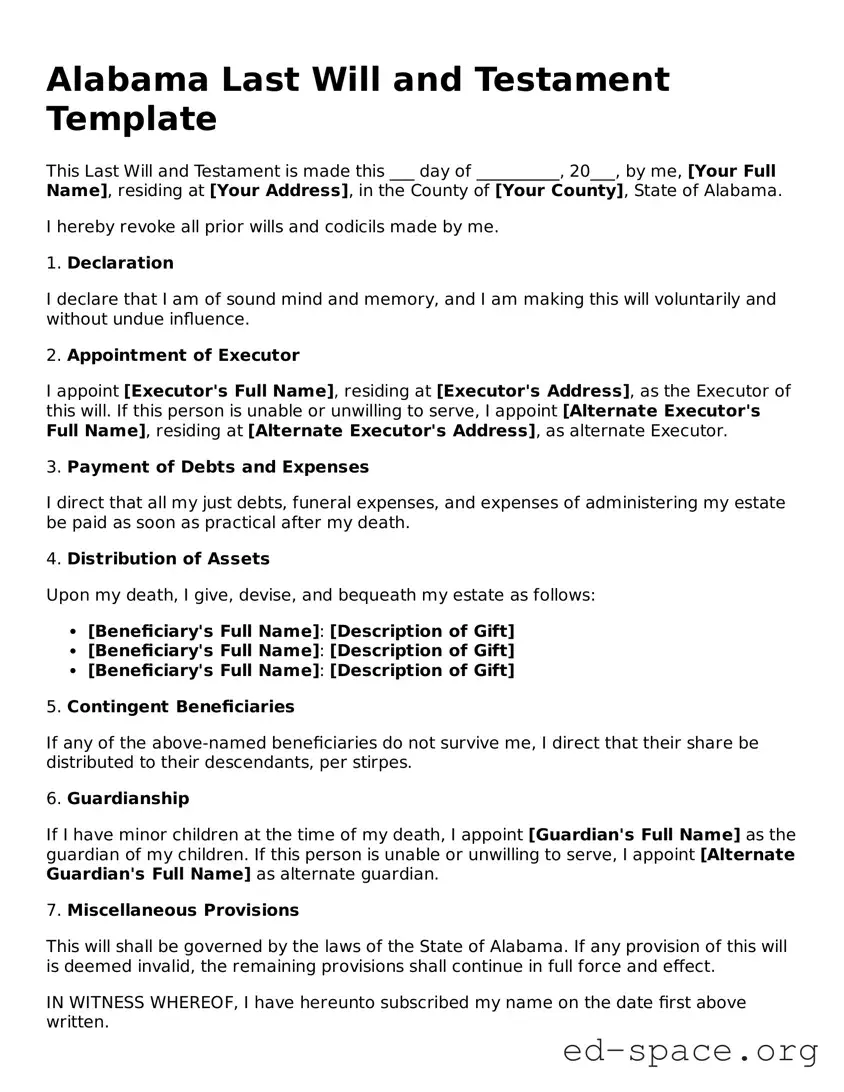 Free  Last Will and Testament Form for Alabama