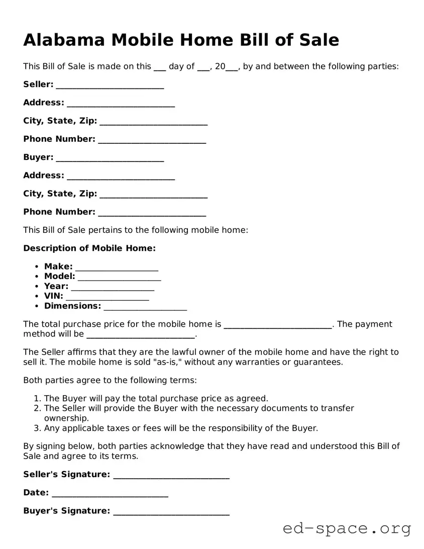 Free  Mobile Home Bill of Sale Form for Alabama