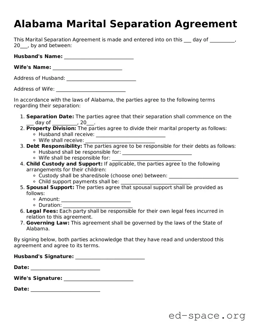 Free  Marital Separation Agreement Form for Alabama