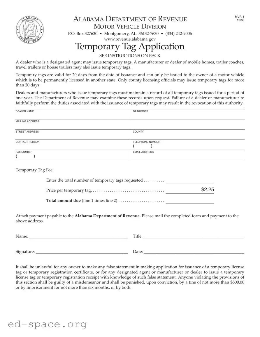 Blank Alabama Temporary Tag Application PDF Form