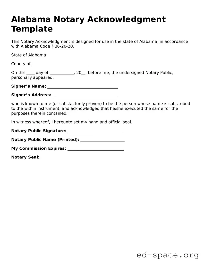 Free  Notary Acknowledgement Form for Alabama