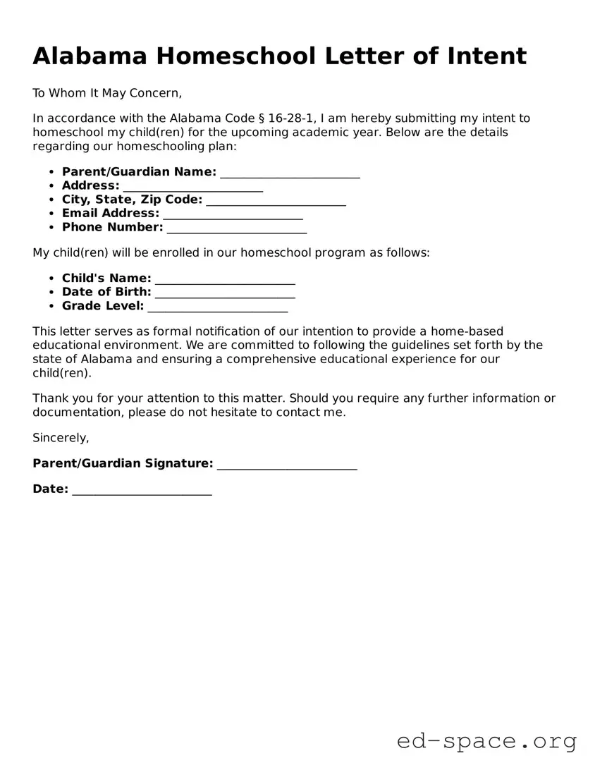 Free  Homeschool Letter of Intent Form for Alabama