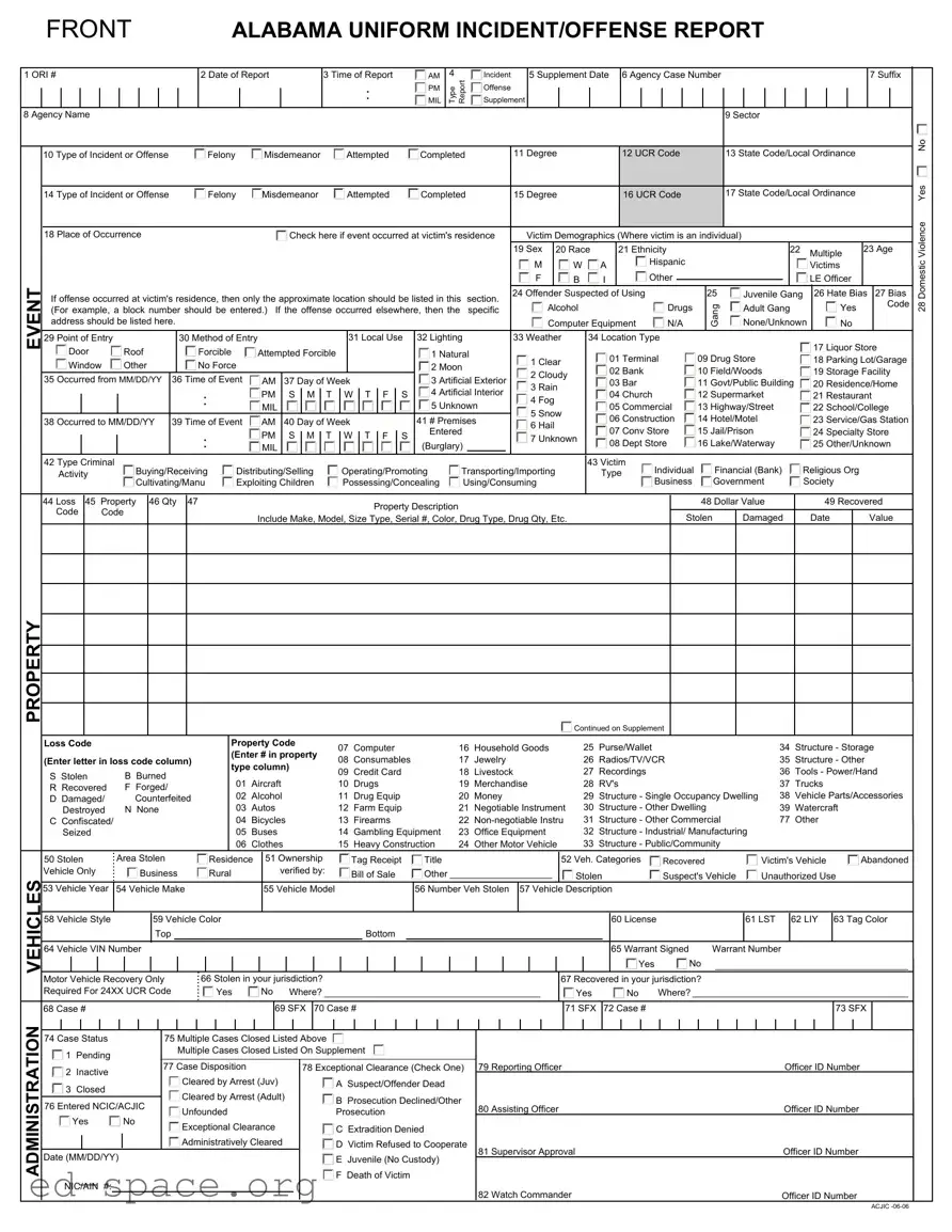 Blank Alabama Incident Offense Report PDF Form