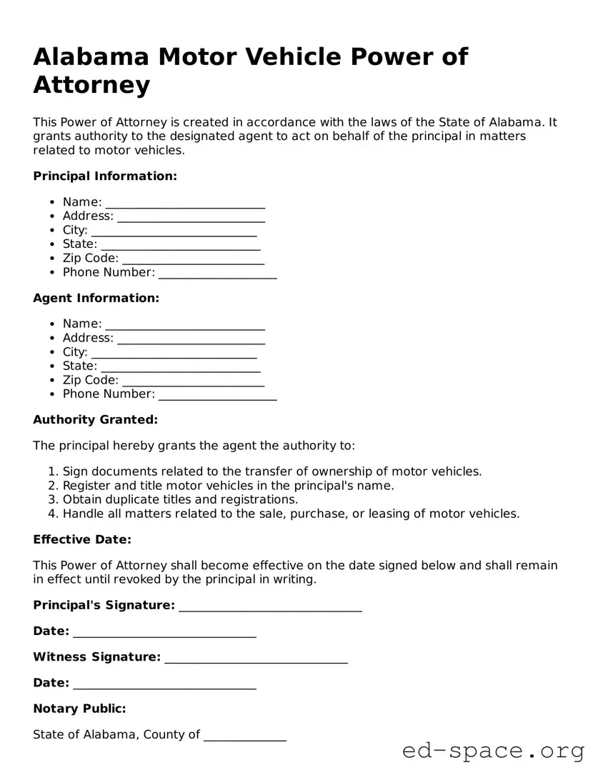 Free  Motor Vehicle Power of Attorney Form for Alabama