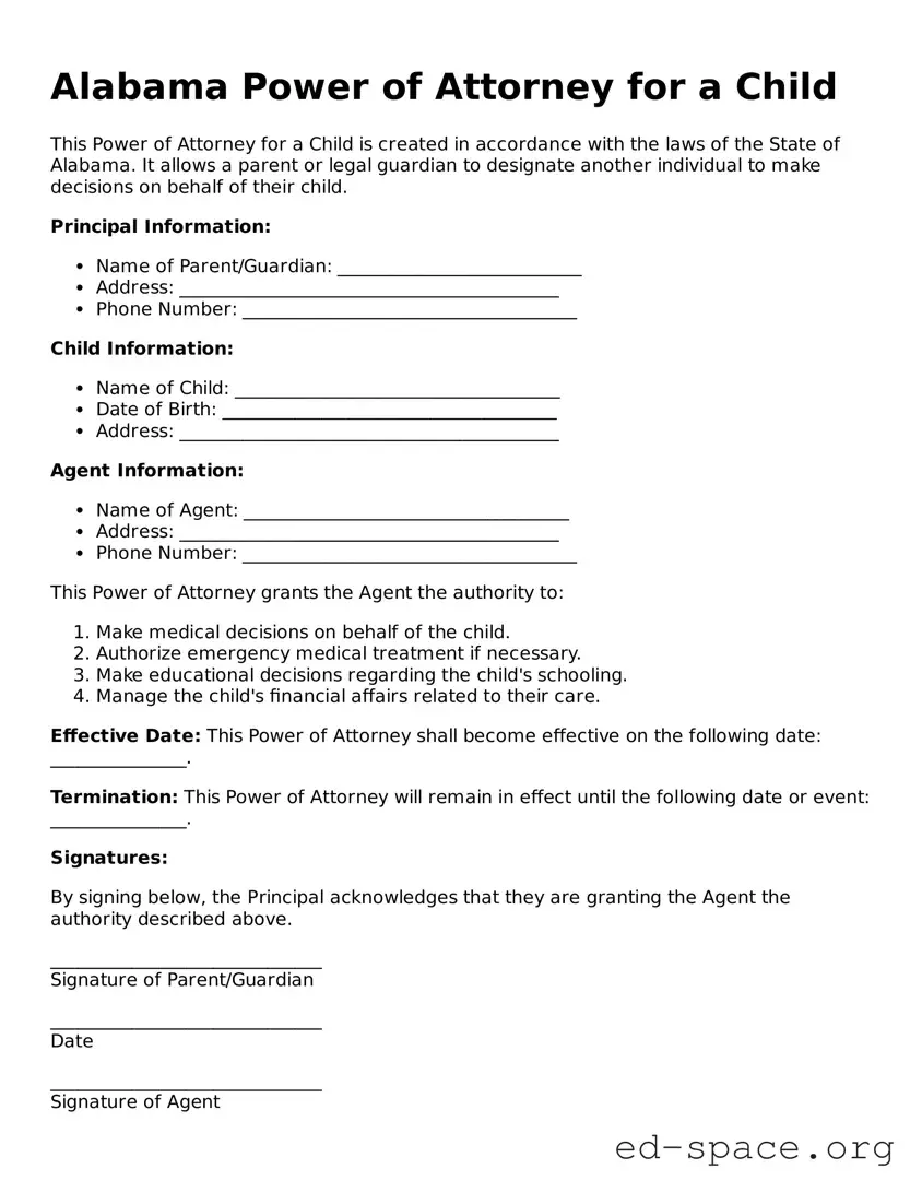 Free  Power of Attorney for a Child Form for Alabama
