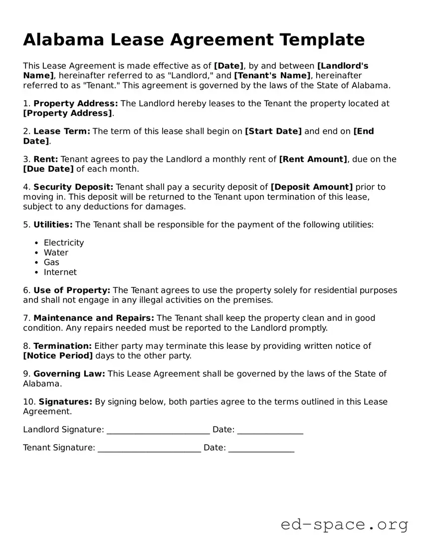 Free  Lease Agreement Form for Alabama