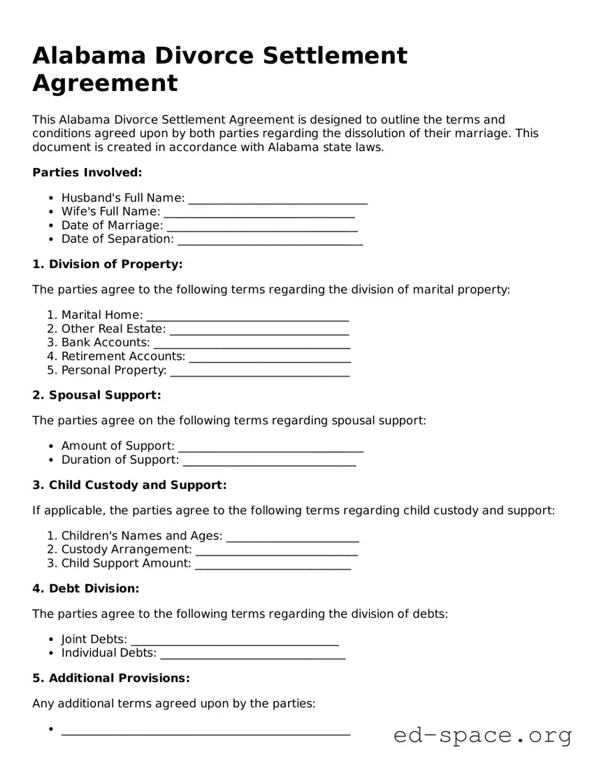 Free  Divorce Settlement Agreement Form for Alabama