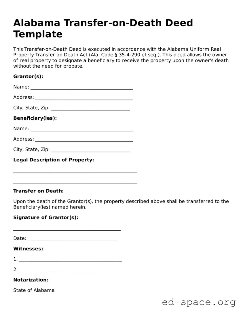 Free  Transfer-on-Death Deed Form for Alabama