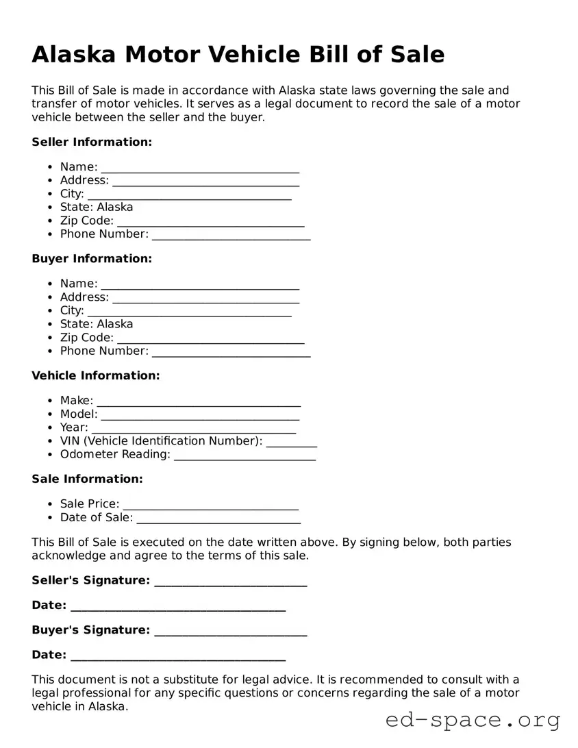 Free  Motor Vehicle Bill of Sale Form for Alaska