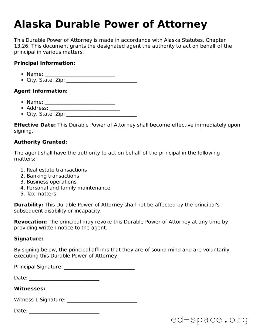 Free  Durable Power of Attorney Form for Alaska