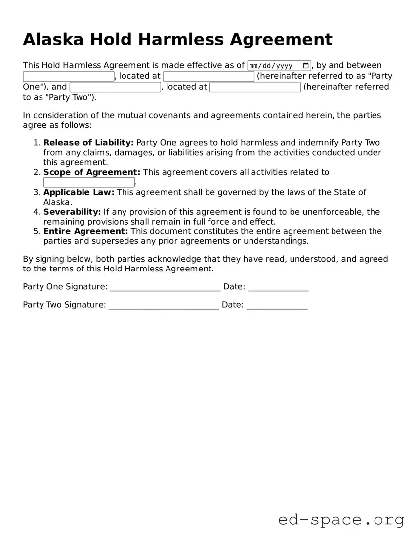 Free  Hold Harmless Agreement Form for Alaska