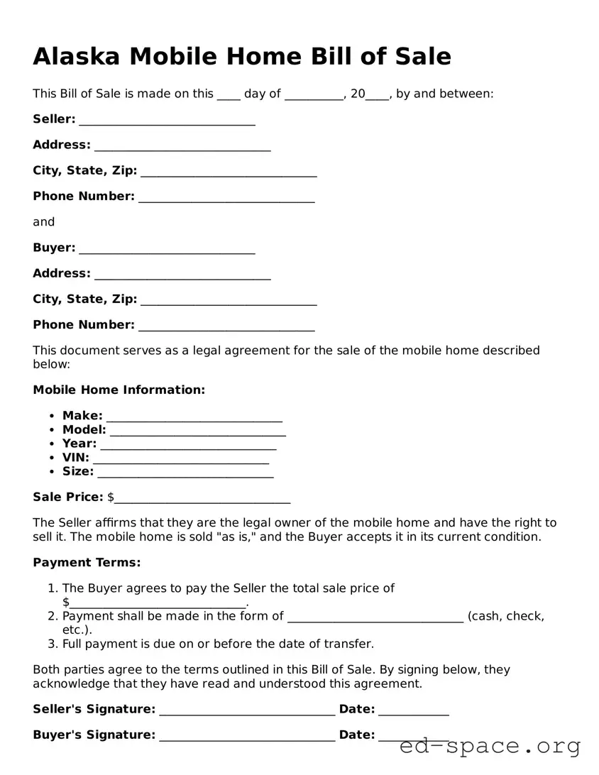 Free  Mobile Home Bill of Sale Form for Alaska
