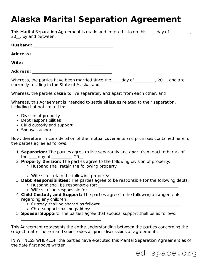 Free  Marital Separation Agreement Form for Alaska