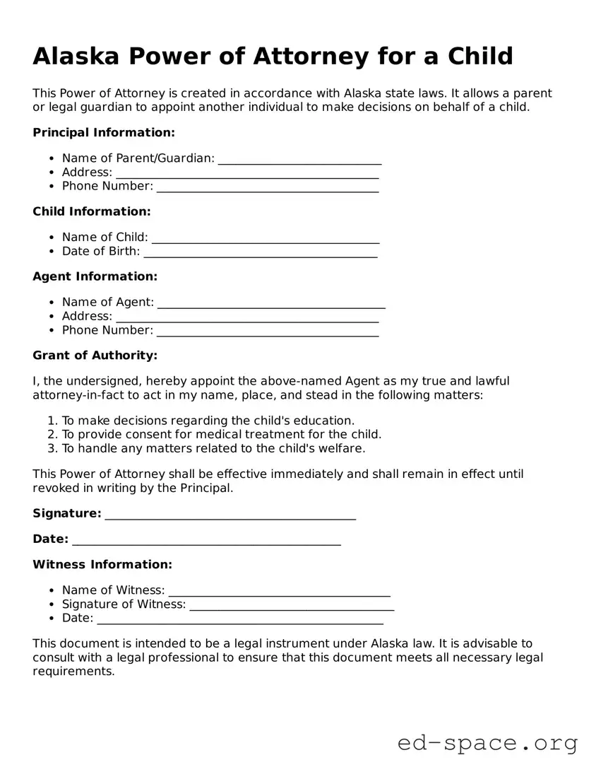 Free  Power of Attorney for a Child Form for Alaska