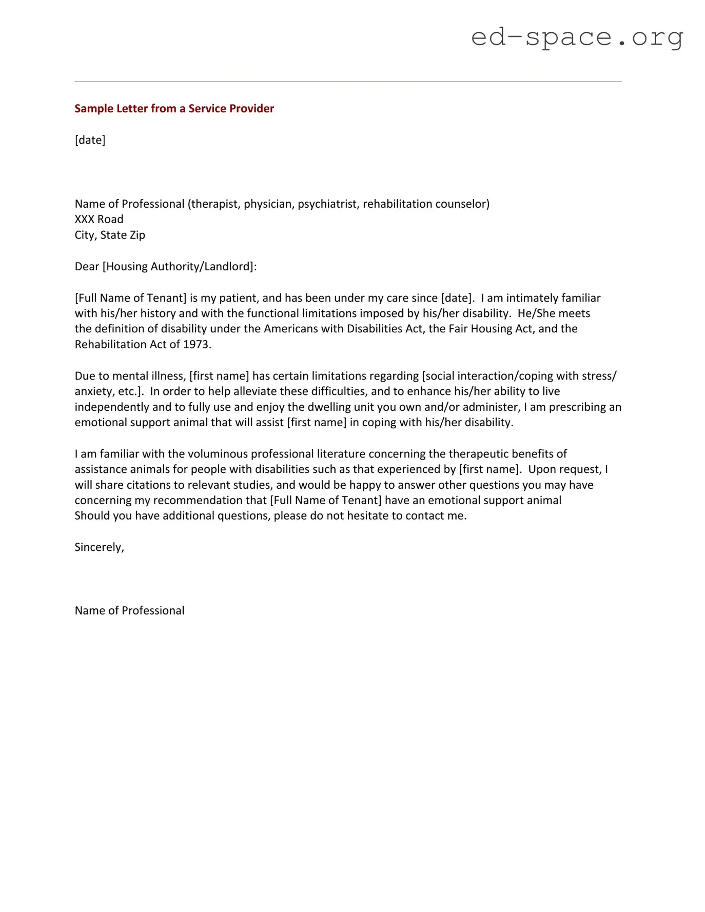 Blank Emotional Support Animal Letter PDF Form