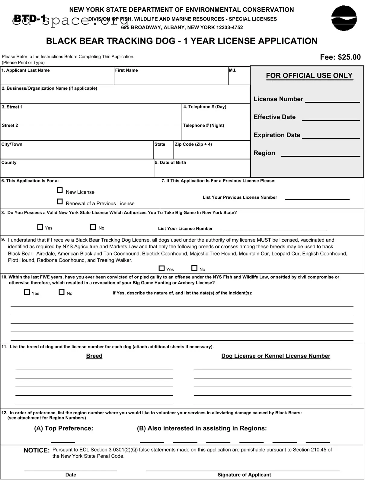 Blank New York Btd 1 PDF Form