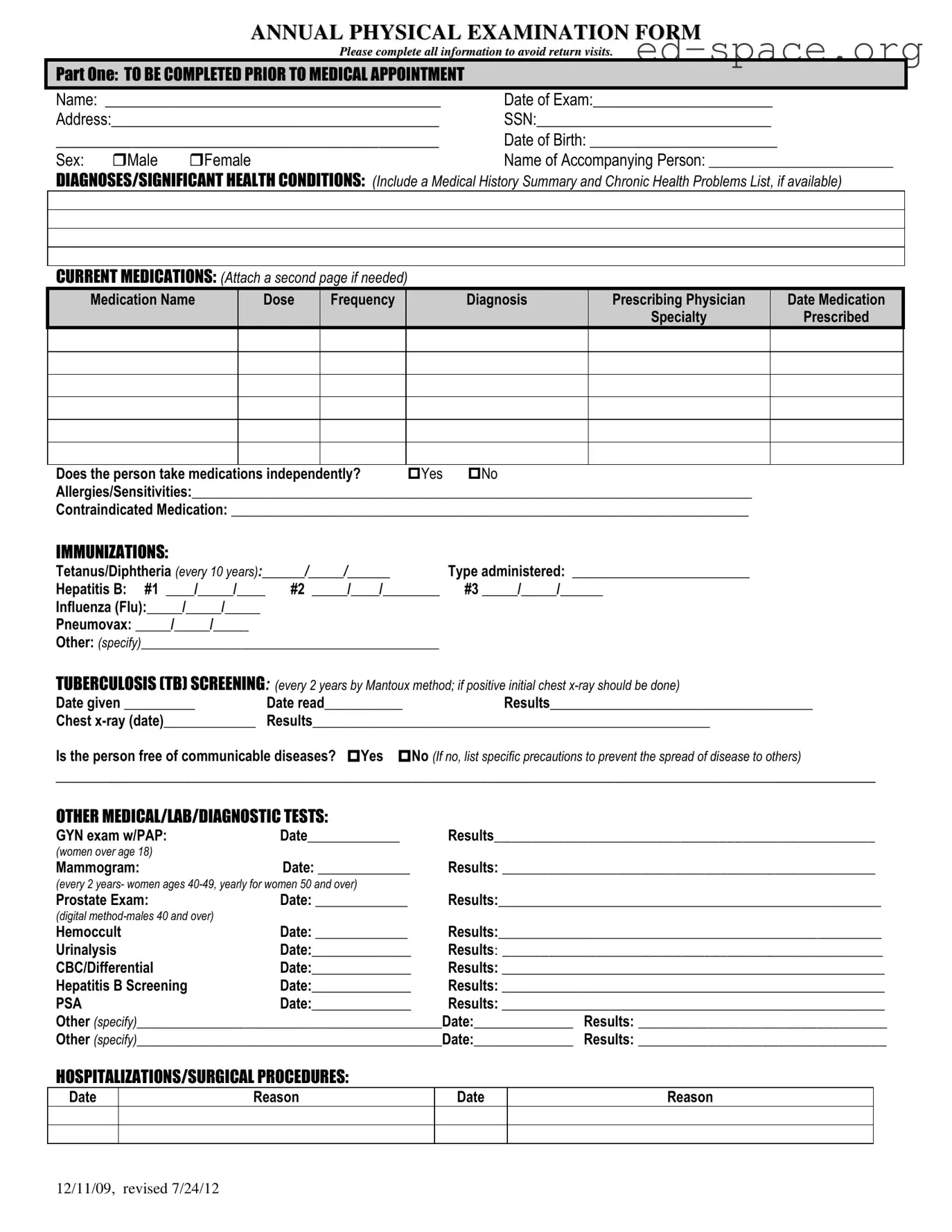 Blank Annual Physical Examination PDF Form