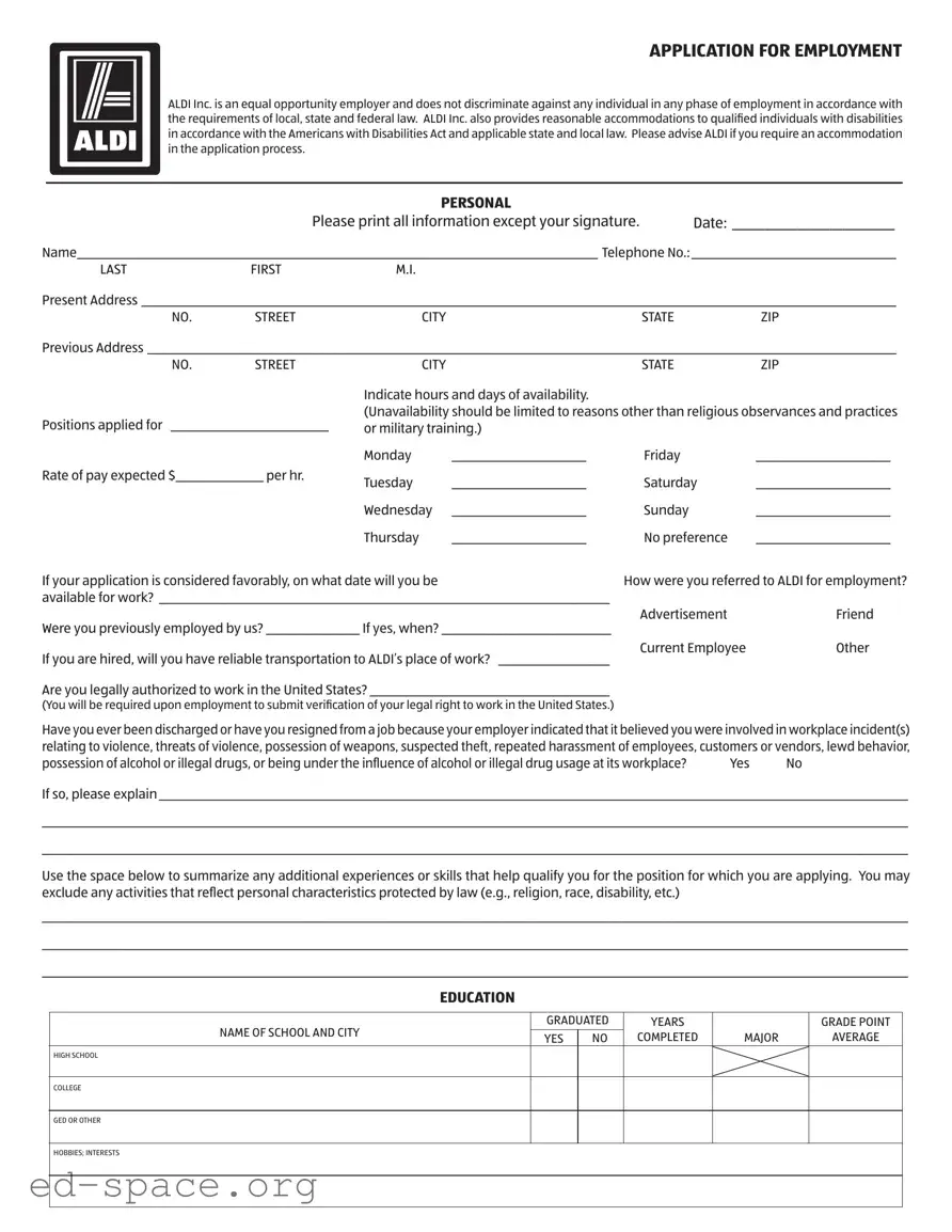 Blank Aldi Application PDF Form