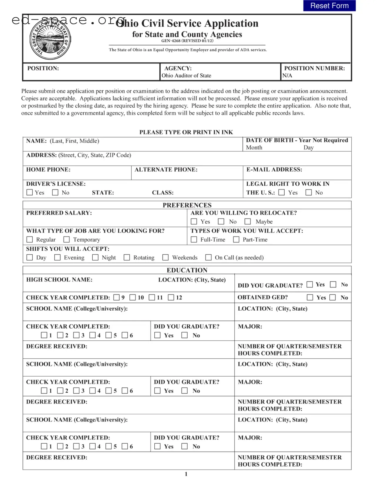 Blank Ohio Civil Service Application PDF Form