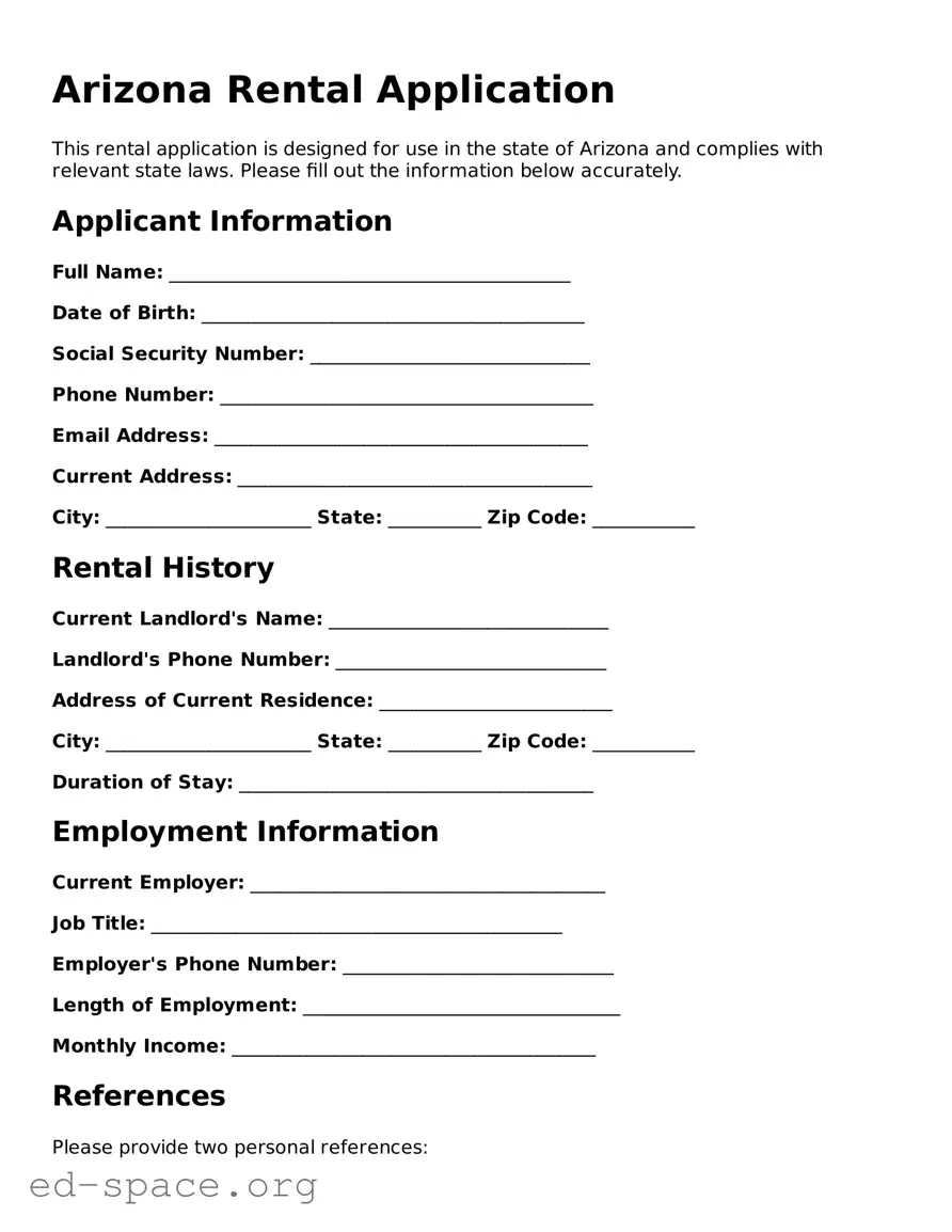 Free  Rental Application Form for Arizona