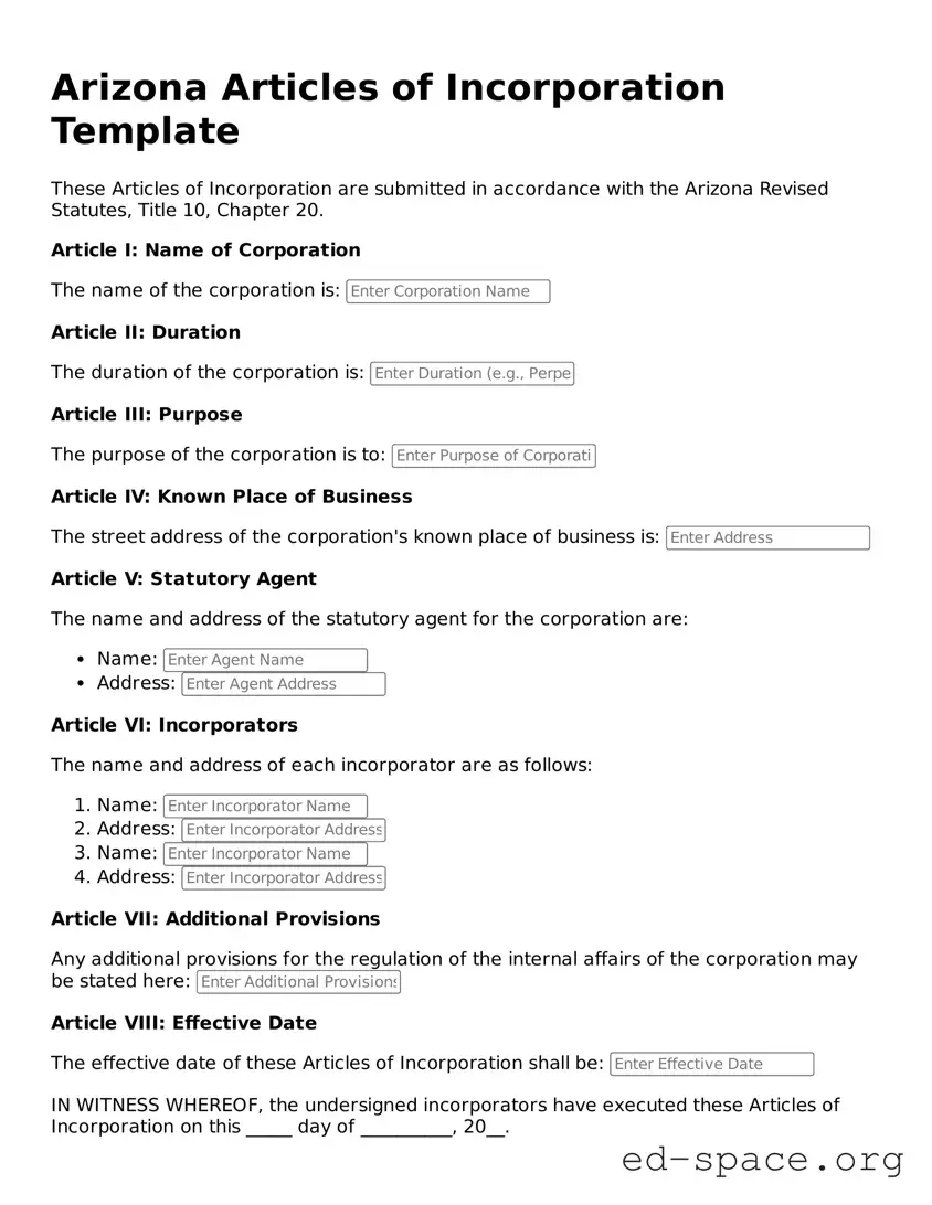 Free  Articles of Incorporation Form for Arizona