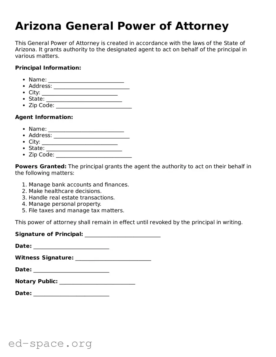 Free  General Power of Attorney Form for Arizona